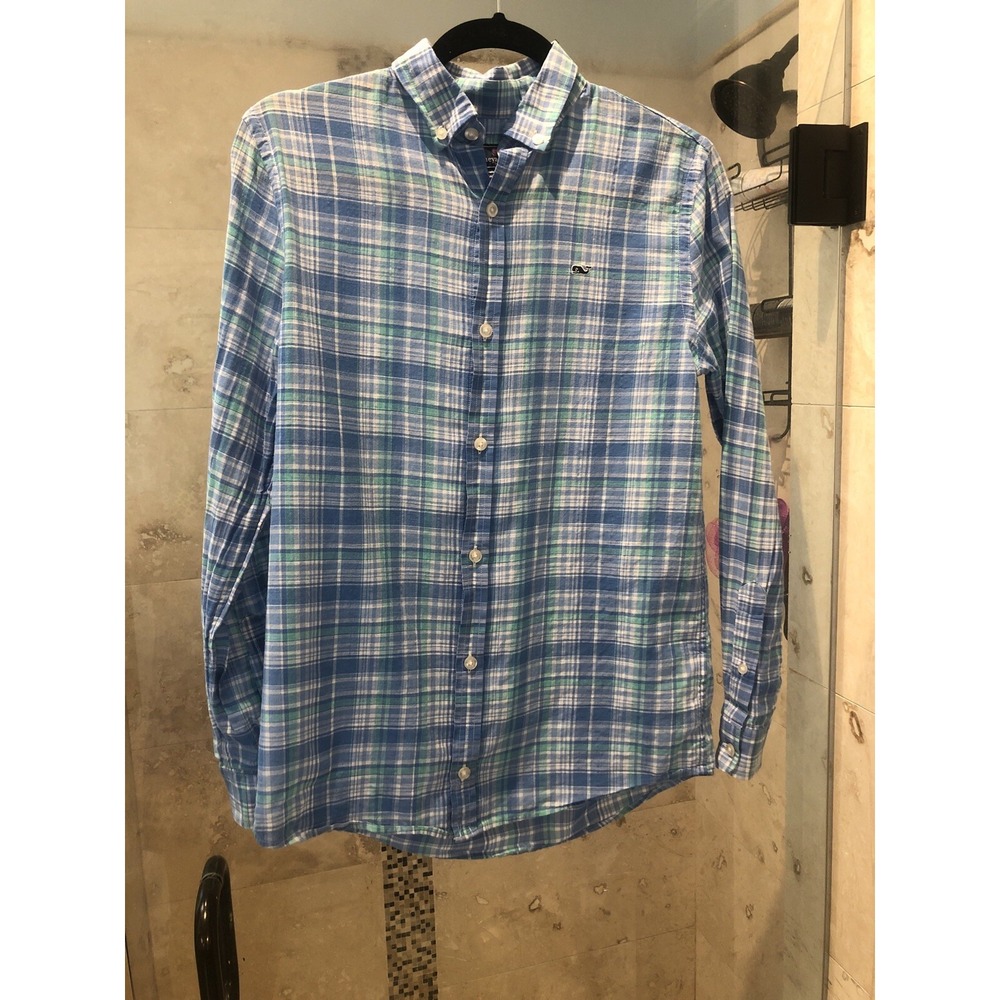 Vineyard Vines Boys L Large 16 Long Sleeve Blue Plaid Button Down Whale Shirt